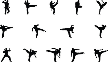 Martial arts kicking poses, silhouette fighter techniques, dynamic combat stances, self-defense movement icons, training form variations, flat vector illustration