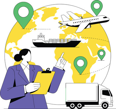 Global logistics concept, international shipping coordination, transport modes, supply chain management, business delivery system, flat vector illustration
