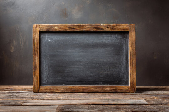 An empty wooden framed blackboard sits on a rustic wooden surface with a dark textured wall behind it