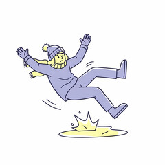 Young person slipping on ice while wearing winter clothes  