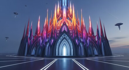 Futuristic Crystal Cathedral with Flying Saucers, Advanced Architecture in a Sci-Fi Setting, Modern Temple