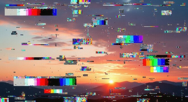Sunset aberration: A digital glitch overlaying a landscape at dusk, creating a distorted view