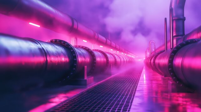Industrial pipes transporting energy in cyberpunk setting