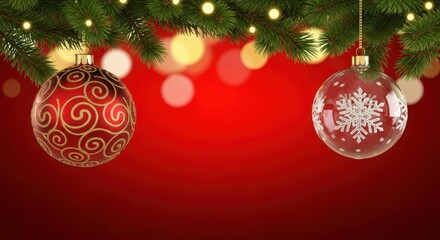 Festive christmas ornaments hanging from a pine branch on a red bokeh background.