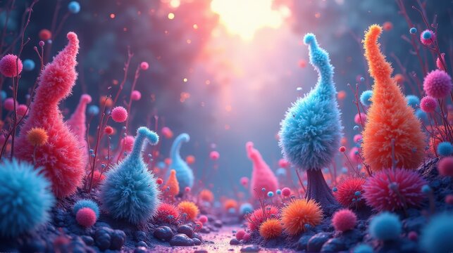 A mesmerizing landscape featuring colorful, whimsical flora in a fantastical setting illuminated by soft sunlight.