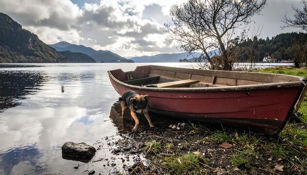 A dog stands near an old red rowboat, beached at the edge of a calm lake with distant mountains