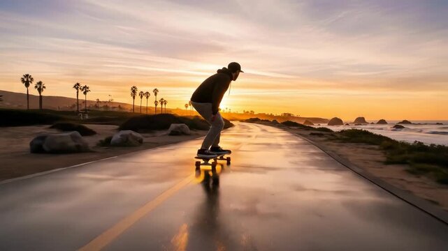 Man longboarding along a coastal road at golden sunset, with palm trees and ocean. Leisure and active lifestyle.
