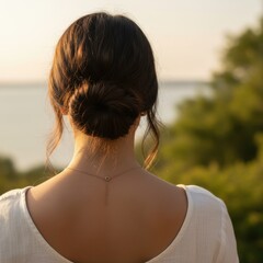 Woman from behind watching peaceful golden hour vista with bun.