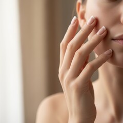 Young woman's hand touching her smooth, healthy face skin gently