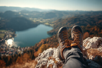 Hikers boots rest on rocky ledge overlooking a serene lake and autumn foliage covered mountains