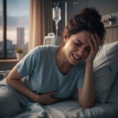 Woman suffering from severe pain in hospital bed, intravenous drip