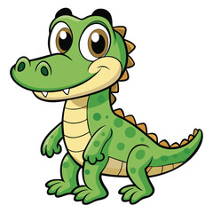 Cartoon Green Crocodile Standing With Big Eyes On White Background, Alligator Mascot