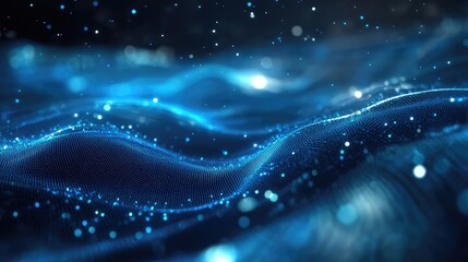 Blue digital particles forming flowing wave network data