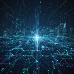 Futuristic digital network flowing through an abstract cityscape