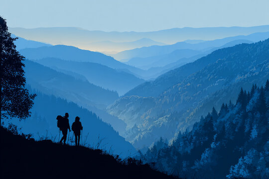 Two hikers stand silhouetted on a mountain ridge overlooking a vast valley layered with blue mountain ranges fading into the distance under a hazy sky