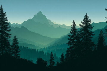 Fototapeta premium Misty mountain range covered in lush green trees under a hazy sky