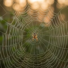 Garden spider waits patiently in its dew-covered web at dawn