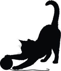 Black Silhouette Of A Cat Playing With A Ball Of Yarn.