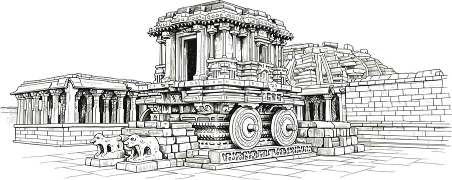 Intricate black and white line art illustration of the historic Hampi Stone Chariot, a magnificent ancient Hindu temple and architectural marvel in India