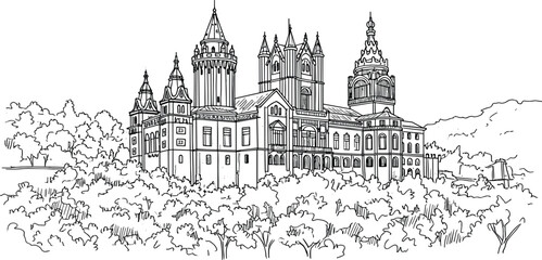 Naklejka premium A detailed black and white line art illustration of a magnificent royal castle surrounded by a dense forest, an outline for coloring