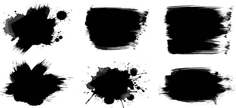 Set of six black grunge paint brush strokes, ink splatters, and abstract daubs for creative design elements isolated on a white background