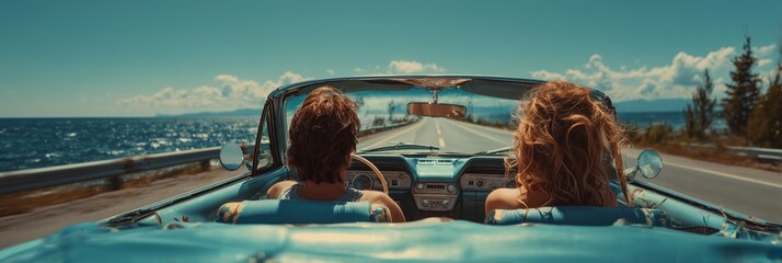Two people enjoy a scenic coastal drive in a convertible, basking in golden sunset light. The image evokes freedom, adventure, and nostalgic joy.