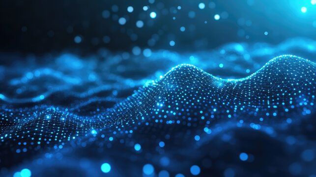 Digital data network wave flowing glowing particles