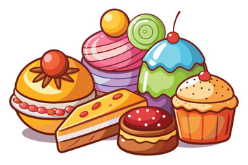 An array of brightly colored, cartoonish pastries and sweets sits against a white background