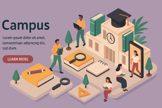 Estudiantes estudian en l&iacute;nea en la universidad o en el campus universitario. Ni&ntilde;as y ni&ntilde;os aprendiendo junto con Smartphone y libros. Concepto de tecnolog&iacute;a de educaci&oacute;n a distancia. Ilustraci&oacute;n de v