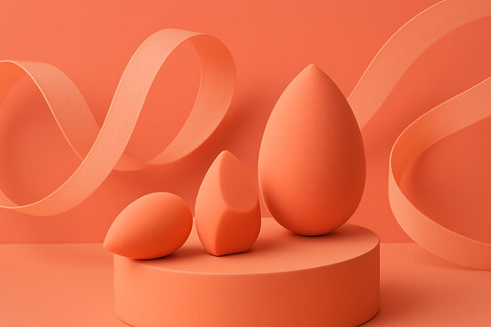 Elegant makeup sponges arranged on podium with flowing ribbons, beauty product display