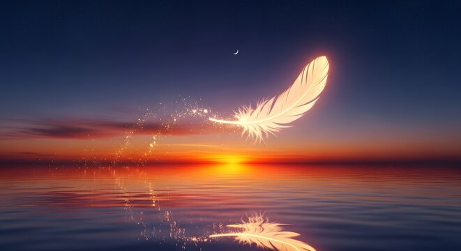 Glowing Feather Floating Above Calm Water at Sunset