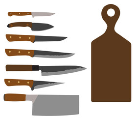 set of kitchen knives and chopping board
