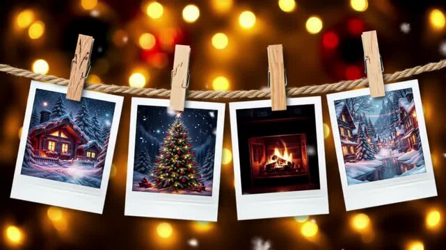 A rustic string with four Polaroids that showing scenic Christmas atmosphere, hanging by wooden clips on a rope, with festive golden bokeh lights and blurred Christmas decorations in the background