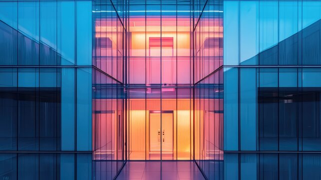 Modern glass building exterior reflecting vibrant colorful light - Powered by Adobe