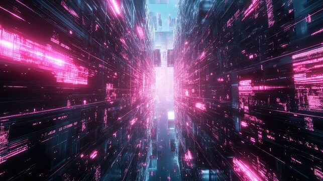 Digital data network connection tunnel with glowing lines