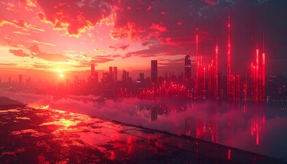 A city silhouette rises through dreamy, low-lying fog beneath a striking, red-hued sunset