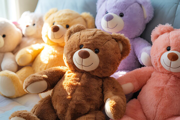 Cute teddy bears , soft plush toys with warm lighting and perfect for nursery decor, some of beautiful teddy bears in bedroom image .