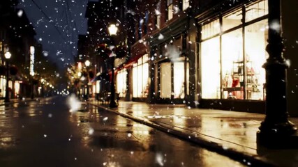 Photorealistic quiet city street on New Year’s Eve, warm shop window lights, subtle holiday decorations, light snowfall, wet reflective pavement - Powered by Adobe