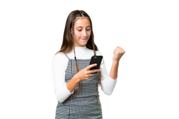 Young girl over isolated chroma key background with phone in victory position