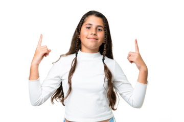 Young girl over isolated chroma key background pointing up a great idea