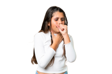 Young girl over isolated chroma key background is suffering with cough and feeling bad