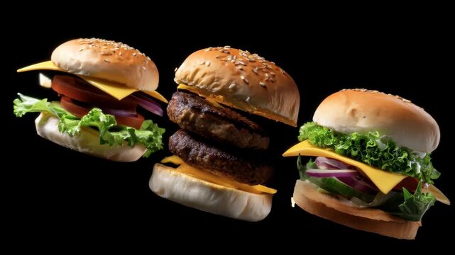 Burger ingredients &mdash; patties, buns, cheese, lettuce, and vegetables &mdash; float in midair and gradually assemble into three finished hamburgers against a black background