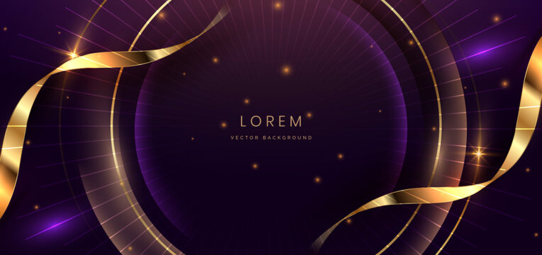 Luxury purple background with gold ribbon and lighting effect.