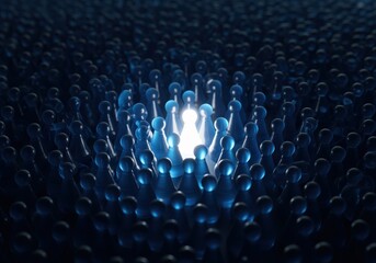 Single illuminated figure standing out from a massive dark blue abstract crowd of pawns.