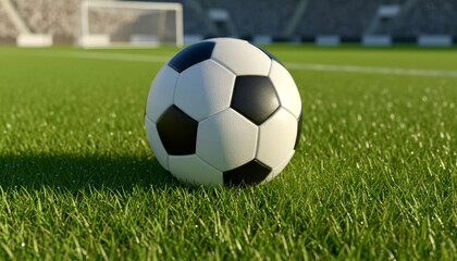 Fototapeta premium Soccer ball resting on a lush grass field at a bright stadium during a sunny day