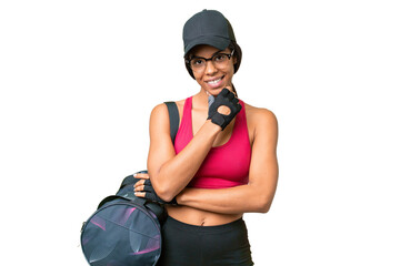 Young sport African american woman with sport bag over isolated background with glasses and smiling