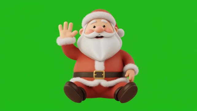 A cheerful 3D rendered Santa Claus, waving hello with a jolly expression, set against a vibrant green screen background for easy compositing.