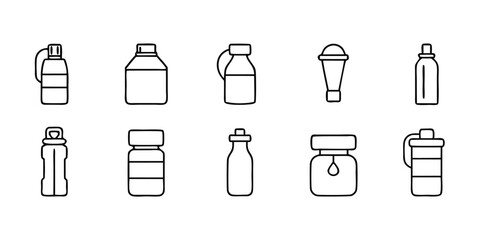 Line drawing shows various container styles including bottles and jars on a white background