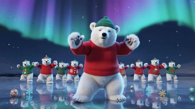 Polar bear Christmas animation dancing in a holiday scene with aurora borealis festive celebration
