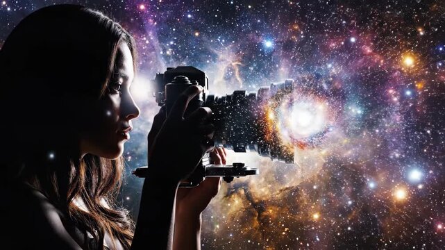 Woman observing celestial objects through a telescope against a starry background